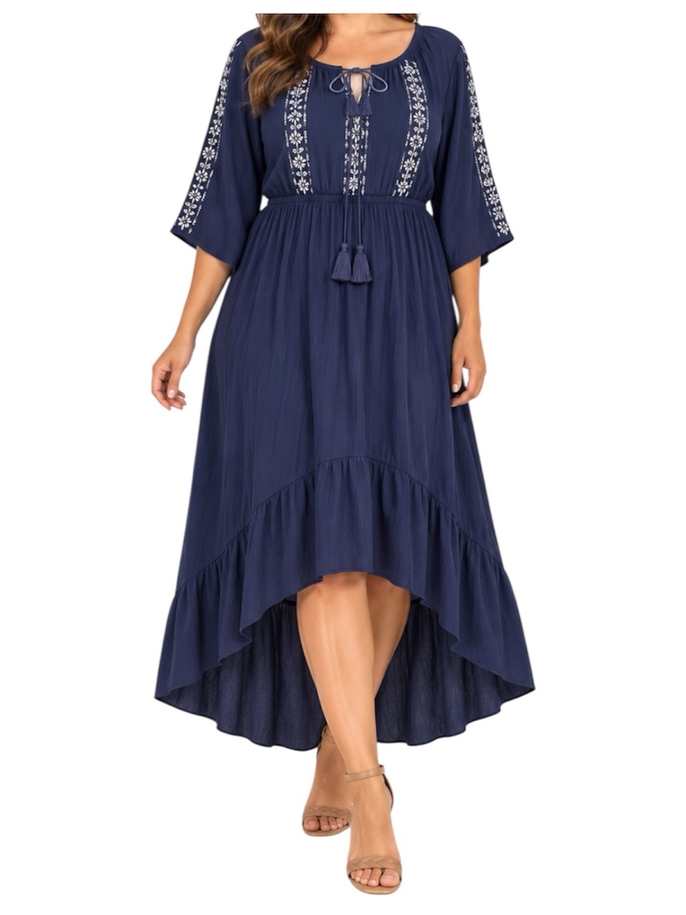NY Collection XL Navy Textured Print Hi Low Maxi Dress Boho Tassel Elastic Waist